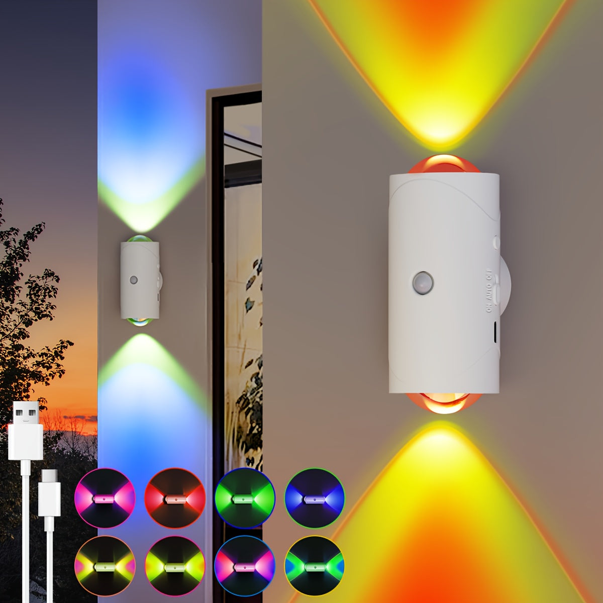 LED Bewegungsmelder Nachtlicht, RGB Smart Wireless Wandleuchte mit eingebautem 1500mAh wiederaufladbarem Lithium-Akku, tragbares Schranklicht für Schlafzimmer, Wohnzimmer, Badezimmer, Flur, Treppe – schwarz