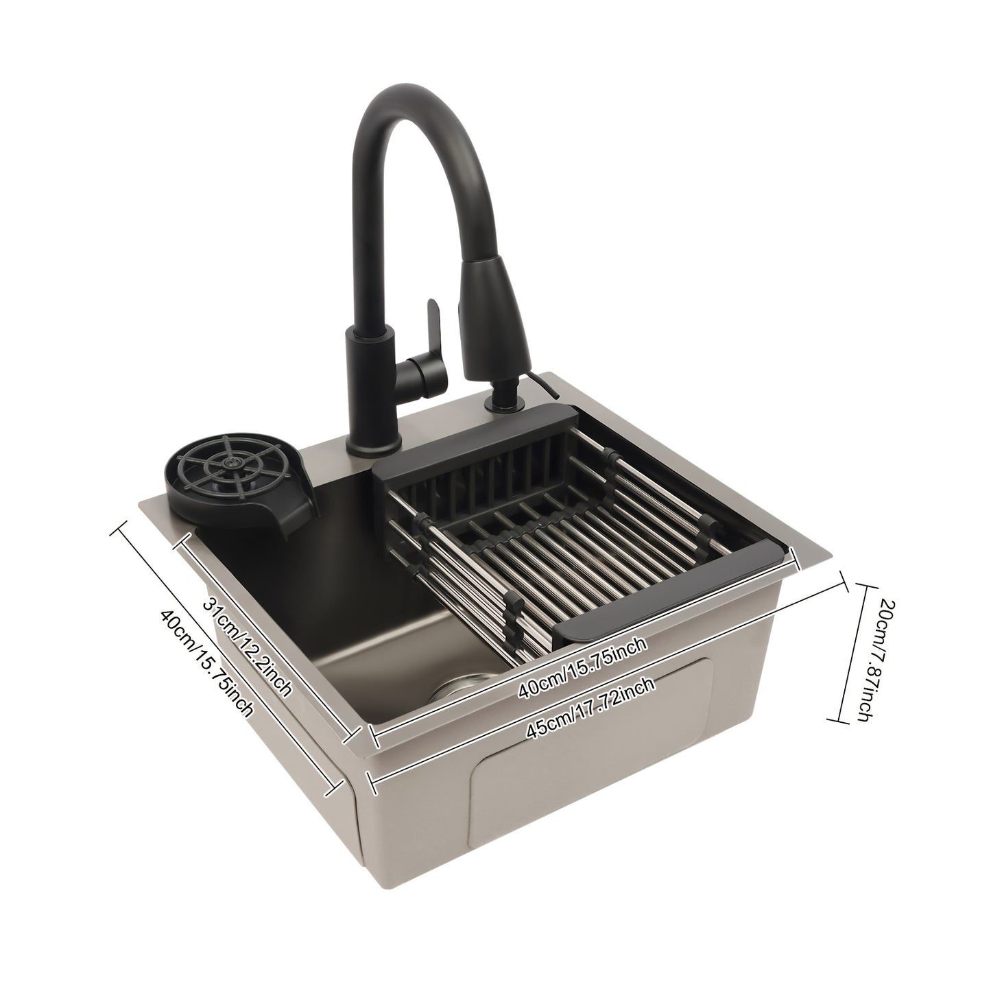 Küchenspüle mit ausziehbarem Wasserhahn, Glasbecher-Spüler, Abtropfkorb, Seifenspender, schwarzes Edelstahlspülbecken mit Nano-Beschichtung, 16,54 x 14,57 x 7,87 Zoll / 42 x 37 x 20 cm Innenmaß, Arbeitsplatten-Einbau, Unterbau-Spüle
