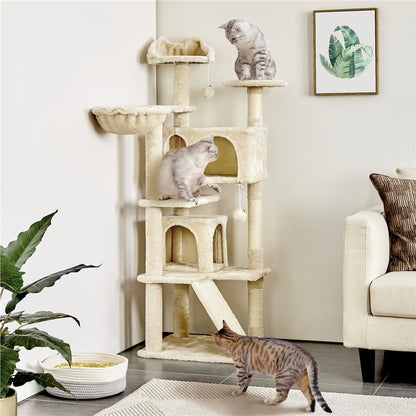 Costoffs Kratzbaum 145 cm hoch Katzenkratzbaum Stabil Kletterbaum Katzenbaum mit Sisal-Kratzstangen 2 Katzenhöhlen Spielsisal für Katzen