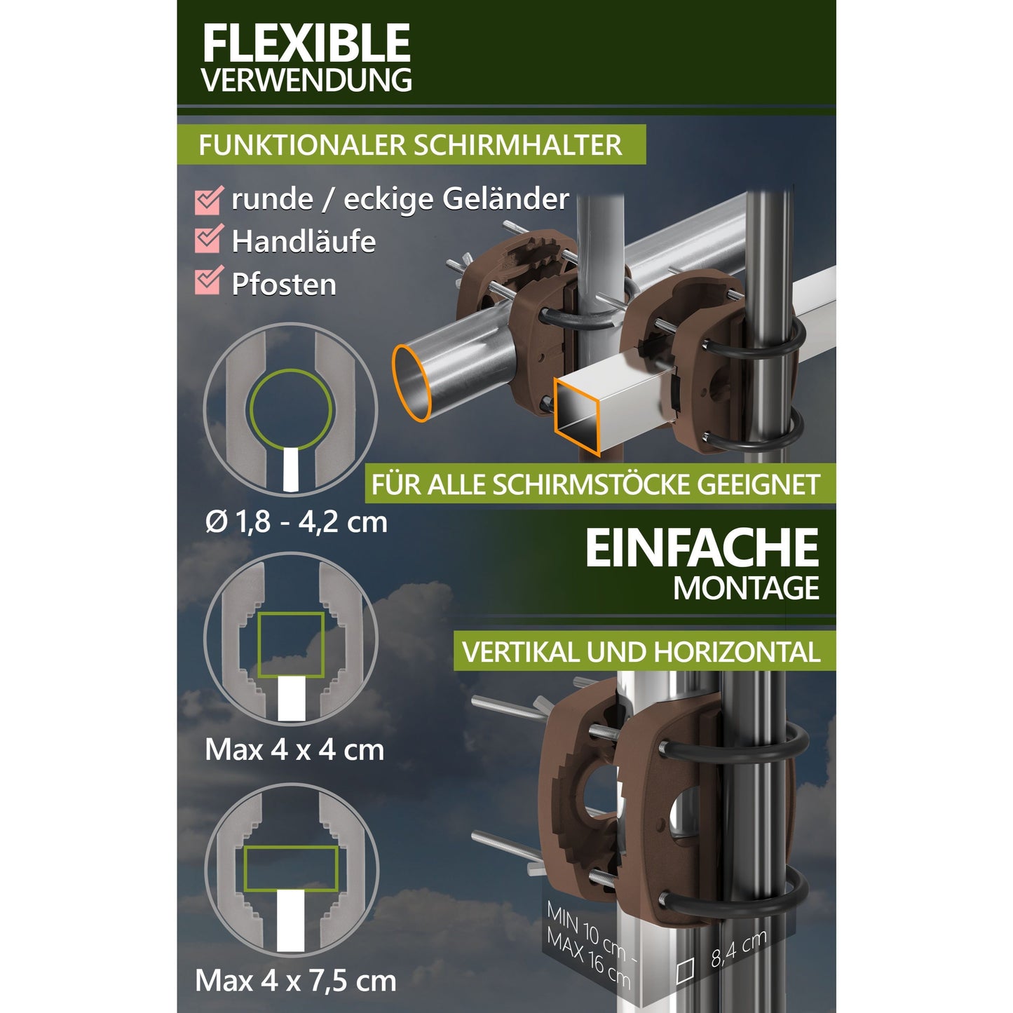 Lindenstein Sonnenschirmhalter Balkongeländer – Funktionale Sonnenschirm Halterung Balkon, Schirmhalterung Balkongeländer ersetzt Sonnenschirmständer Balkon – Flexibel montierbar (Anthrazit/Schwarz/Taupe/Sandbraun)