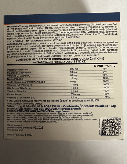 Vitastrong Magnesium und Kalium Formel 10-in-1, Kalium- und Magnesium-Integrator Multivitamin-Sticks 24 mit Vitamin C und B-Vitaminen, ohne Saccharose, Gluten, Orangen-Geschmack