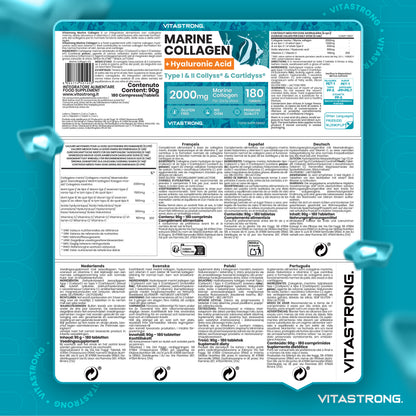 Marines Kollagen mit Hyaluronsäure und Vitamin C, hydrolysiertes Kollagen Typ 1 & 2, Nahrungsergänzungsmittel, 180 Tabletten, Vitastrong