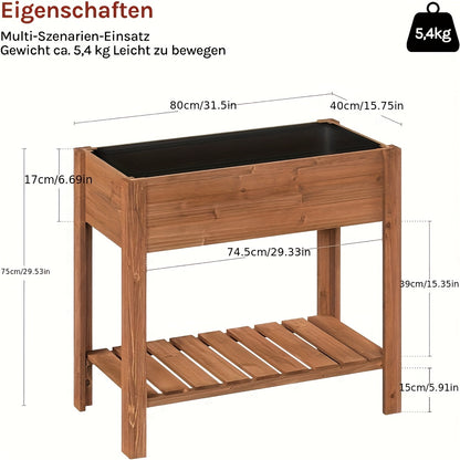 1 Stk. Hochbeet aus Holz, Pflanzbeet für den Garten, mit Blumenkasten-Aufbewahrungsregal, stabil, leicht zu reinigen, ergonomische Arbeitshöhe, einfache Montage, geeignet für Balkone, Gärten  Terrassen