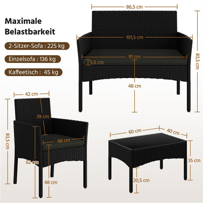 Costoffs 4-er Balkonmöbel Set Gartenmöbel Set Terassenmöbel Außen aus Polyrattan mit 2er Sofa 2 Stühle Tisch und Sitzkissen für Garten Terrasse Balkon