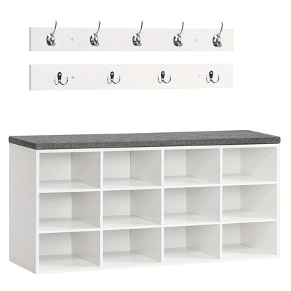 Schuhschrank Set, Schuhbank mit 12 Fächern, Schuhregal mit gepolsterter Bank, Wand-Schrank mit 9 Haken, Schuhschrank für Flur, Eingangsbereich, Schlafzimmer