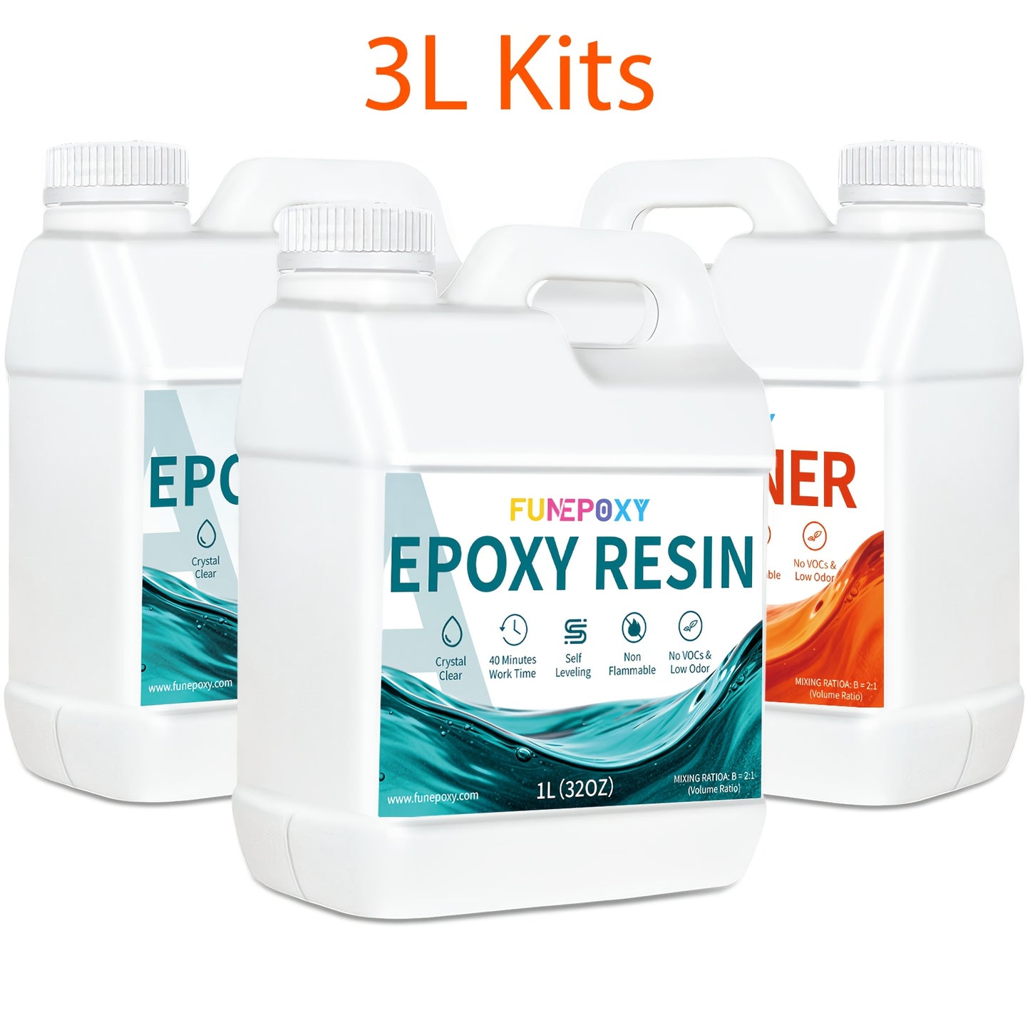 FUNEPOXY Hochglanz Superklares 2:1 Tiefguss Epoxidharz Kit - Schnell, Keine Blasen, Geruchsarm, Einfach zu Verwenden, Hohe Haltbarkeit, Kristallklares Ende für Schmuckherstellung, Fluss-Tischplatten, Tumblers, Formen, Kunst Holzmalerei
