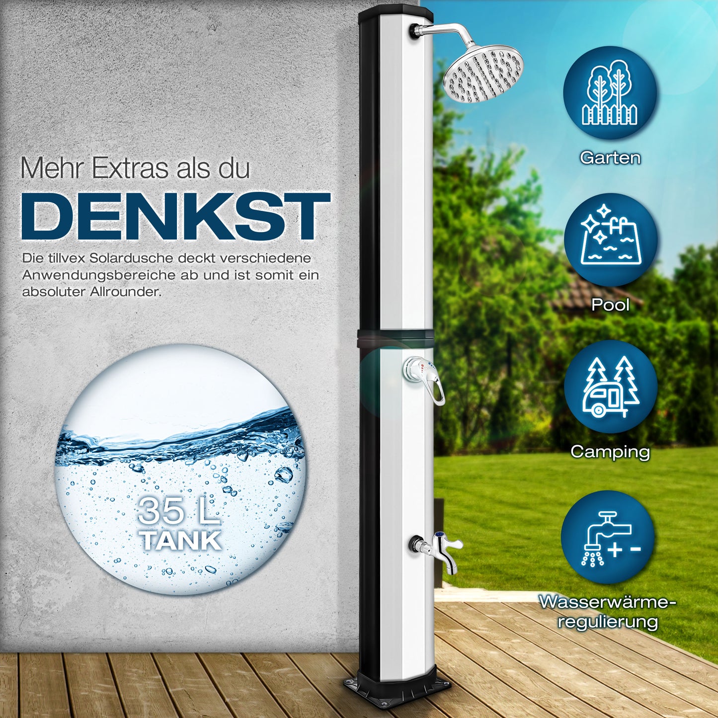 tillvex® Solardusche 20 - 60 Liter inkl. Abdeckung Solar Gartendusche Solar für draußen Pooldusche Komplettset warmes Wasser Camping ohne Stromanschluss mit Wasserhahn Gartenschlauch-Anschluss