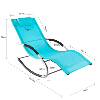 1 Stück Sonnenliege Gartenliege Relaxliege Schaukelliege Liegestuhl Outdoor mit Kopfkissen Ergonomische Liegefläche Wetterbeständiges Gewebe Metallgestell Seitentasche Bis 150 kg Terrasse Balkon Garten Camping 150x87x63cm