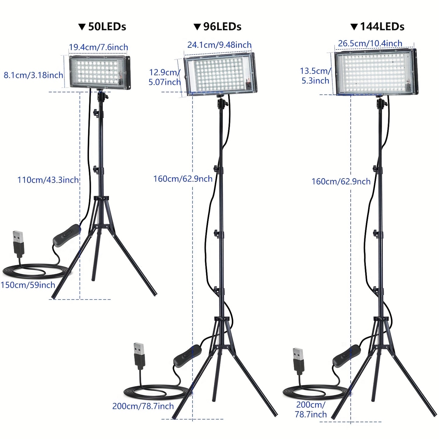 144/96/50 LEDs Arbeitsleuchte Bar Halterung, 6000K, DC 5V, Einstellbarer Lichtwinkel, USB-Stecker Plug & Play, mit Schalter und 150/200 cm Stromkabel, Tragbares Stativ Flutlicht, Geeignet für Baustelle Werkstatt Garage Gebäude