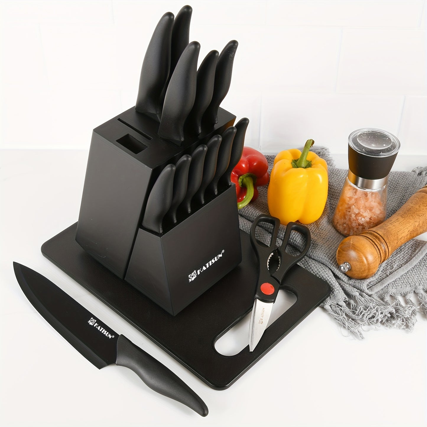 15-teiliges professionelles Küchenmesser-Set mit schwarzem Holzblock, rutschfestem ABS-Griff für Kochmesser, Kunststoff-Schneidebrett  Küchenschere, Weihnachts- & Neujahrs-Küchengeschenke