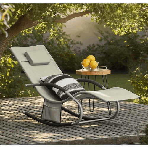 1 Stück Sonnenliege Gartenliege Relaxliege Schaukelliege Liegestuhl Outdoor mit Kopfkissen Ergonomische Liegefläche Wetterbeständiges Gewebe Metallgestell Seitentasche Bis 150 kg Terrasse Balkon Garten Camping 150x87x63cm