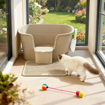 Große Katzentoilette mit hohen Seitenwänden, Katzenstreumatte und Schaufel, Aufbewahrungsbox