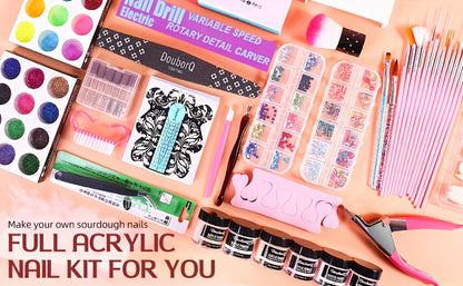 Acryl Nagelset für Anfänger mit Nude, Transparent- und Tiefrosa-Farben, inklusive Nagelwerkzeugen, Acryl Glitzerpulver, Acryl Flüssigkeit, LED Lampe und Nagelbohrer Set für Nagelverlängerung