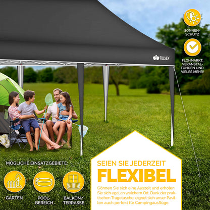 tillvex® Pavillon 3x6m Faltbar + 6x Sandsäcke | Pop-Up Faltpavillon Höhenverstellbar, Winterfest | Gartenzelt Stabil mit und ohne Seitenwänden UV Schutz 50+ | Partyzelt Wasserdicht mit Tasche für Garten