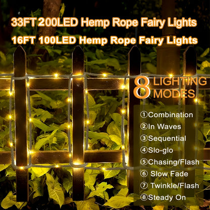 1 Stk./2 Stk. 200/100 LED Vintage Seil Hanf Lichterkette, Solarbetriebene Feenlampe mit 8 Blinkmodi, IP65 Semi-Flush Mount Rasenlampe für Außenbereich Garten Terrasse Camping Weihnachtsbaum Café Hochzeit Party Neujahr Festliche Ambiente Deko LED Beleuchtu