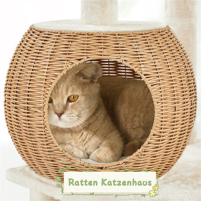 Costoffs Kratzbaum aus Rattan Katzenbaum Stabiler Kletterbaum mit Katzenhaus Waschbare Kissen Katzenkratzbaum mit Sisalstämme