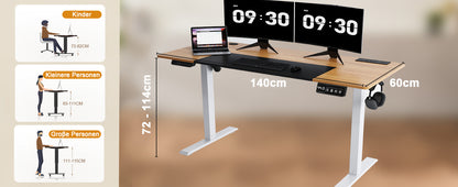 Höhenverstellbarer Schreibtisch mit USB-Buchse und Haken, Elektrisch Verstellbarer Computertisch, Steh-Sitztisch Stehpult Stehschreibtisch
