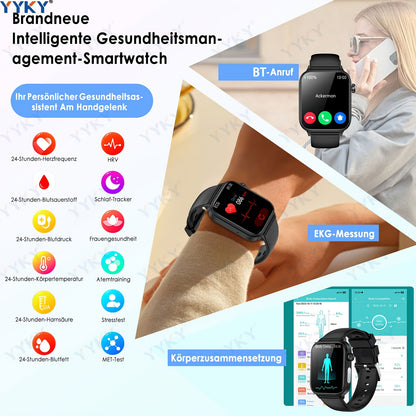 2026 Neue Smartwatch: 4,98cm IPS Display, 340mAh Akku mit langer Laufzeit, BT 5.0 Anrufe, Multi-Sport-Modi, Menstruations- & Temperaturüberwachung, Wettervorhersage, Sprachassistent/SOS-Funktion, Magnetisches Aufladen, Fitness Tracker Uhr für Android & iO