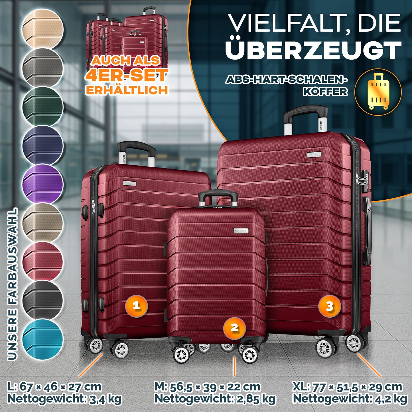tillvex® Reisekoffer Set + Gepäckwaage, Koffergurte & Kofferanhänger | Kofferset 4 Rollen | Trolley Gepäck Koffer TSA Schloss | Hartschalenkofferset