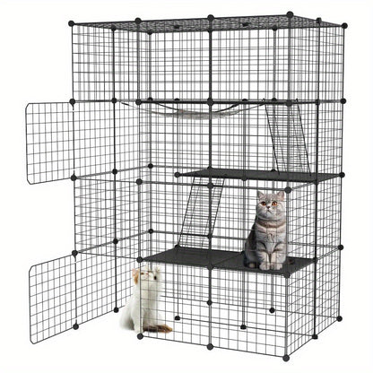 Schwarzes Metallgitter für Zäune im Freien für Kaninchen, mit Tür und geeignet für kleine Tiere wie Meerschweinchen und Welpen, Abmessungen 146X110X74 cm (4 Säulen und 3 Ebenen)