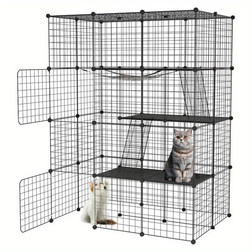 Schwarzes Metallgitter für Zäune im Freien für Kaninchen, mit Tür und geeignet für kleine Tiere wie Meerschweinchen und Welpen, Abmessungen 146X110X74 cm (4 Säulen und 3 Ebenen)