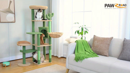 Pawz Road Cactus Katzenbaum Turm, ein perfektes Weihnachtsgeschenk für Katzen, mit Klettern und Sprungbereichen im Innenbereich, einer weichen, gemütlichen Hängematte, einem Condo in Grün, natürlichem Sisal und Kratzbäumen, mit einer Höhe von 150 cm