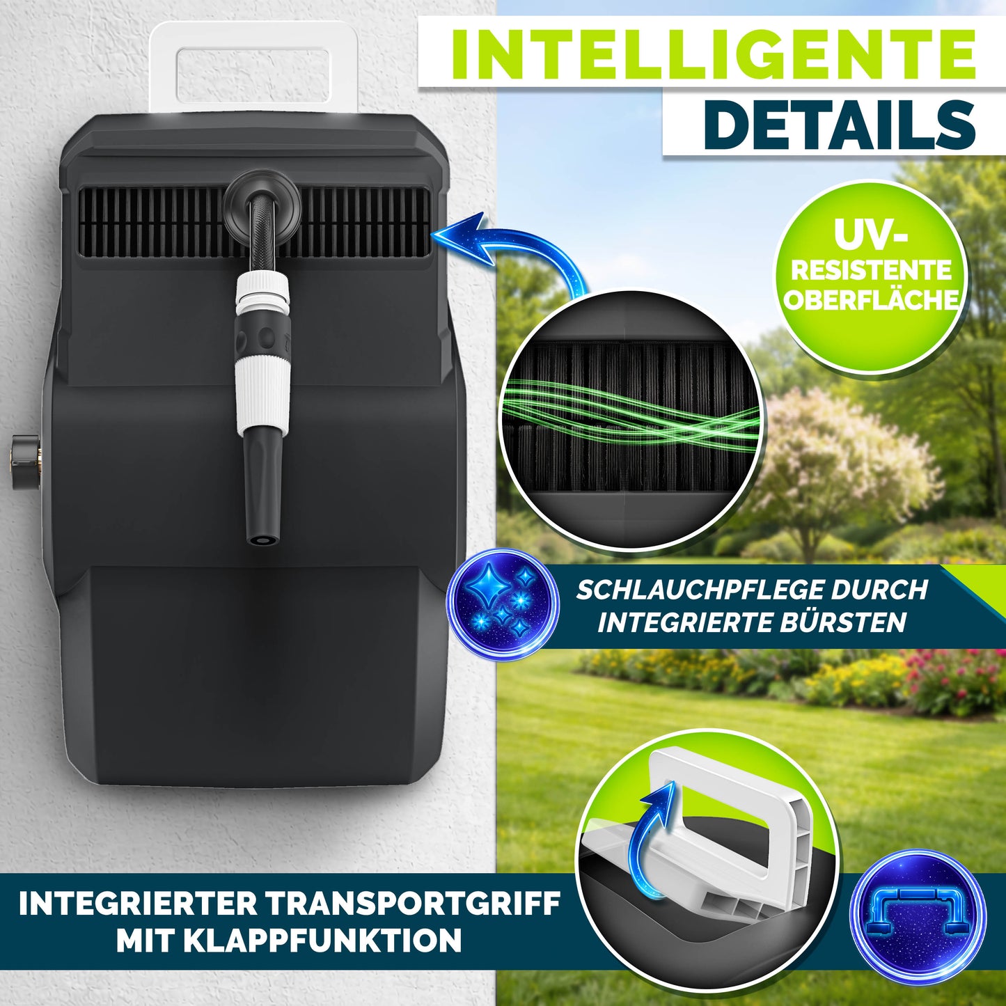 tillvex® Schlauchtrommel Wasser 20+2m mit Wandhalterung + Tragegriff | Schlauchaufroller mit Handbrause und Gartenschlauch | Wasserschlauchtrommel Automatisch 180° Schwenkbar | Wand-Schlauchbox mit Aufroll-Automatik