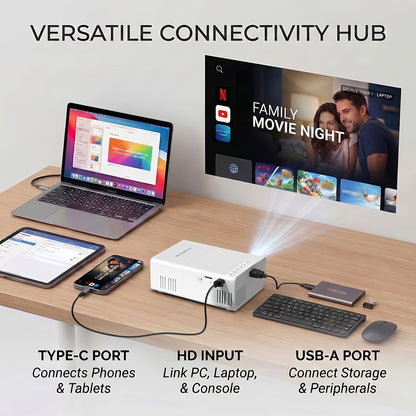 Tragbarer Mini-Projektor, LCD-Beamer mit eingebauten Lautsprechern  Fernbedienung, kompatibel mit iOS, Android, Windows, USB-Heimkino-Projektor für Filme  Spiele, unterstützt 1080P Native 720P