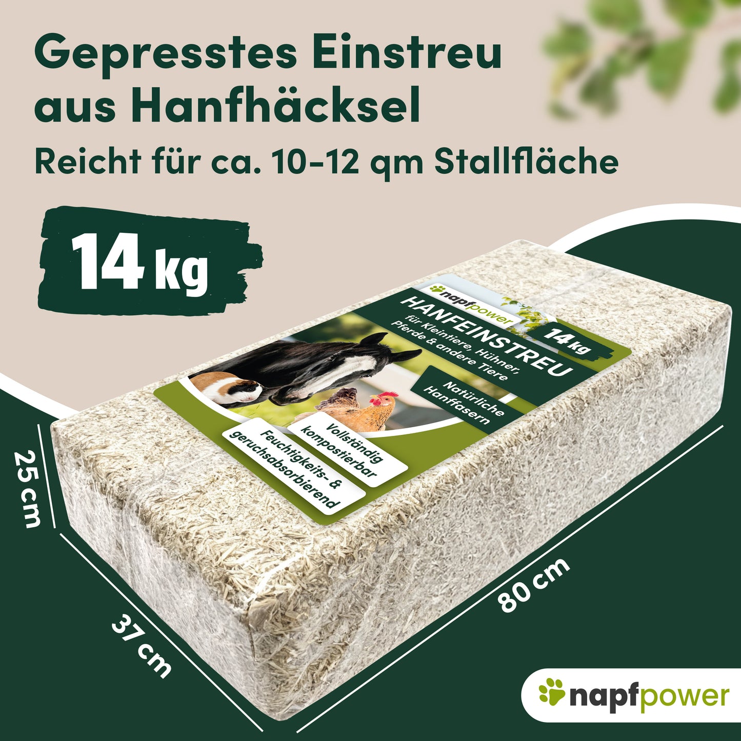 napfpower® Hanfeinstreu 14 kg für Hühner, Kleintiere & Pferde | staubarmes Hanfstreu für Hühner & Kleintiere | extrem saugfähiges & kompostierbares Hanf Einstreu für Tierställe