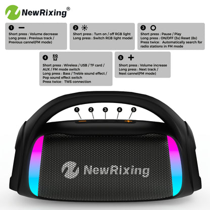Newrixing 50W Wireless Lautsprecher mit Subwoofer, Outdoor Lautsprecher, USB-C Aufladung, Kabellos, Eingebautes Mikrofon, TWS Dual Pairing, Mikrofon-Schnittstelle, RGB Lichter, 7.4V 2000mAh Akku, Tragbares PA System für Heimkino, Camping, Partys, Geschenk