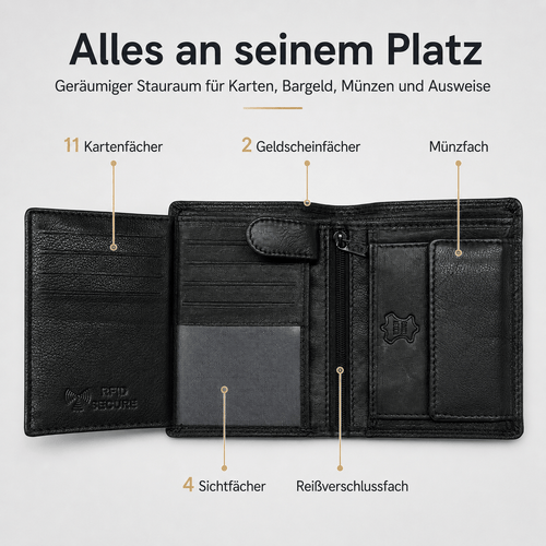 Herren Portemonnaie aus Echtleder mit RFID Schutz, 11 Kartenfächer, Sicher & Kompakt für Alltag, Büro und Reise