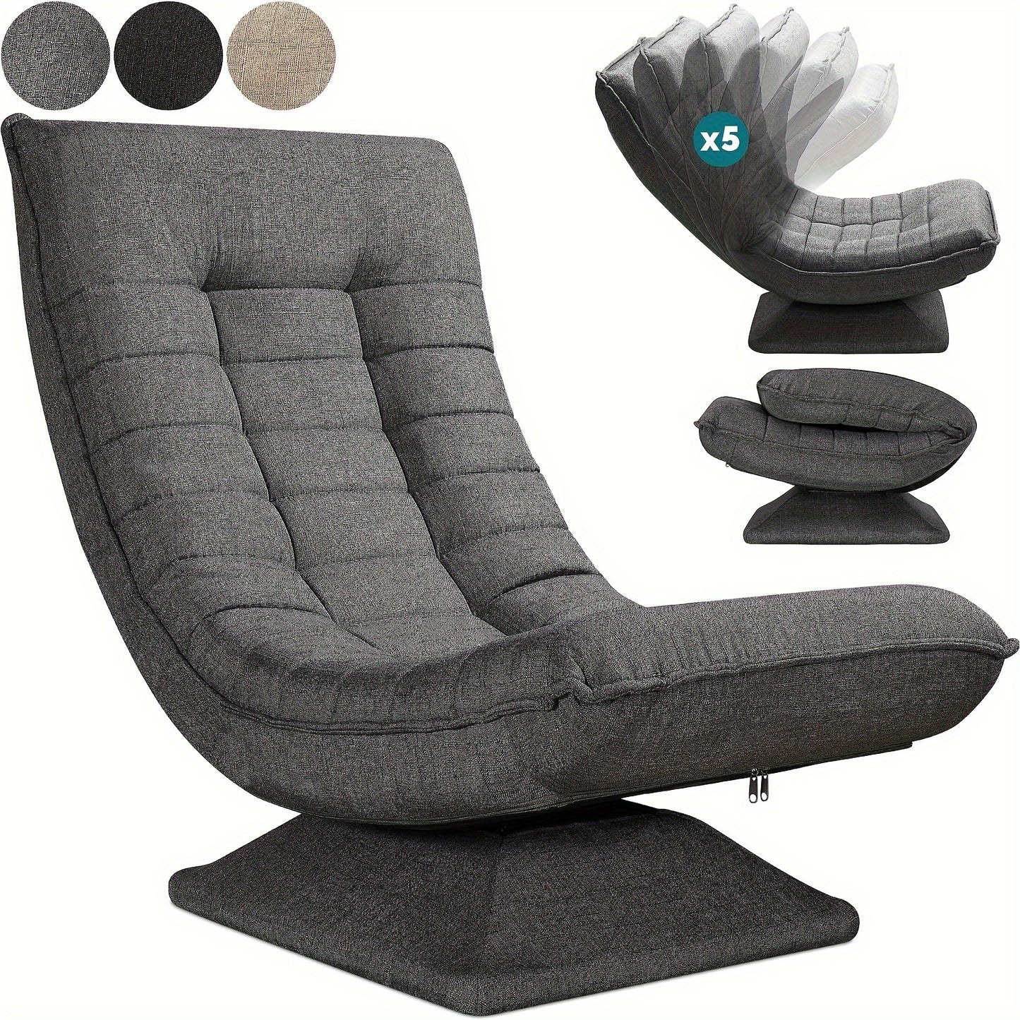 Sofa Stuhl, Bodenstuhl, Verstellbare Rückenlehne 360° Drehbar Faltbar 150Kg Tragfähigkeit Stilvolles Design und Komfort machen ihn zum Highlight Ihrer Heimdekoration, bietet Ihnen einen bequemen Ort zum Entspannen. Schwarz, Grau