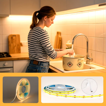 HOTU COB LED Streifen Licht, USB-betrieben, flexibel, selbstklebend, zuschneidbar, 400 Lampen, Meter, Spot-freies Design für Möbel, Schrank, Küchenboden, Schlafzimmer Ambiente Beleuchtung Warmweiß, Taglicht Farbe Einstellbar