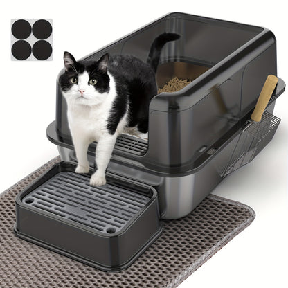 XXL Edelstahl-Katzentoilettenschale mit abnehmbarem Gehege, 32L großes Fassungsvermögen, komplett mit XXL-Katzenstreumatte, Metall-Katzenstreuschaufel  Treppe für ältere Katzen, geeignet für alle Katzen