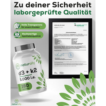 Vitamin D3 K2 Tabletten [180 Stück] – hochdosiert, 5000 I.E. Vitamin D pro Tablette, vegan, ohne Zusätze von naturally