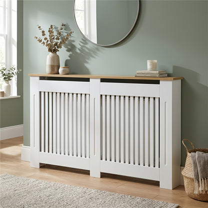 83 cm hoher Heizkörperverkleidungsschrank, dekorativer Heizkörperschutz für Zuhause, Heizkörperverkleidungs-Gitterregalschrank, vertikale Lamellen, verdicktes MDF-Holz, Küchen-Schlafzimmerschrank