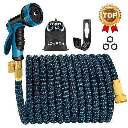 LOVFEN Ausziehbarer flexibler Gartenschlauch mit 10-Funktionen-Sprühdüse, blau, 7,62/15,24/22,86/30,48/45,72 Meter