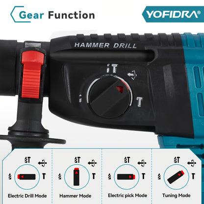 Elektrischer Hammerbohrer, 180-Grad drehbarer Hilfsgriff, 4-Gang-Getriebe, 26 mm Metallbohrfutter, kabelloser Schlagbohrer, geeignet für Beton, Stahl, Ziegel  Holz, kompatibel mit YOFIDRA-Akkus