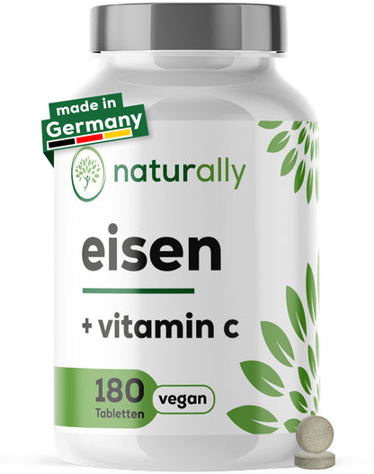 Eisentabletten mit Vitamin C [180 Stück] – 20mg Eisen aus Eisenbisglycinat, 40mg Vitamin C aus Hagebutte – vegan von naturally
