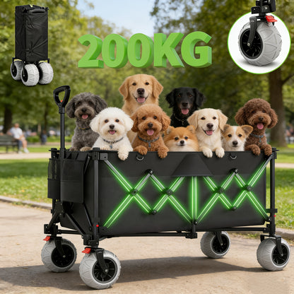Zusammenklappbarer Rollwagen Allradreifen Strandwagen Transportwagen Einkaufswagen Großraum für Gartenarbeit Camping Shopping Strand und Outdoor Sport