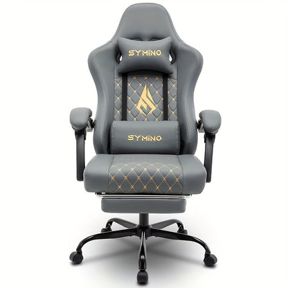 Gaming Stuhl mit Fußstütze, Ergonomischer Computer Gaming Stuhl, Verstellbarer Schwenkstuhl mit Lordosenstütze, PC Stuhl, Bürostuhl, Schwarz