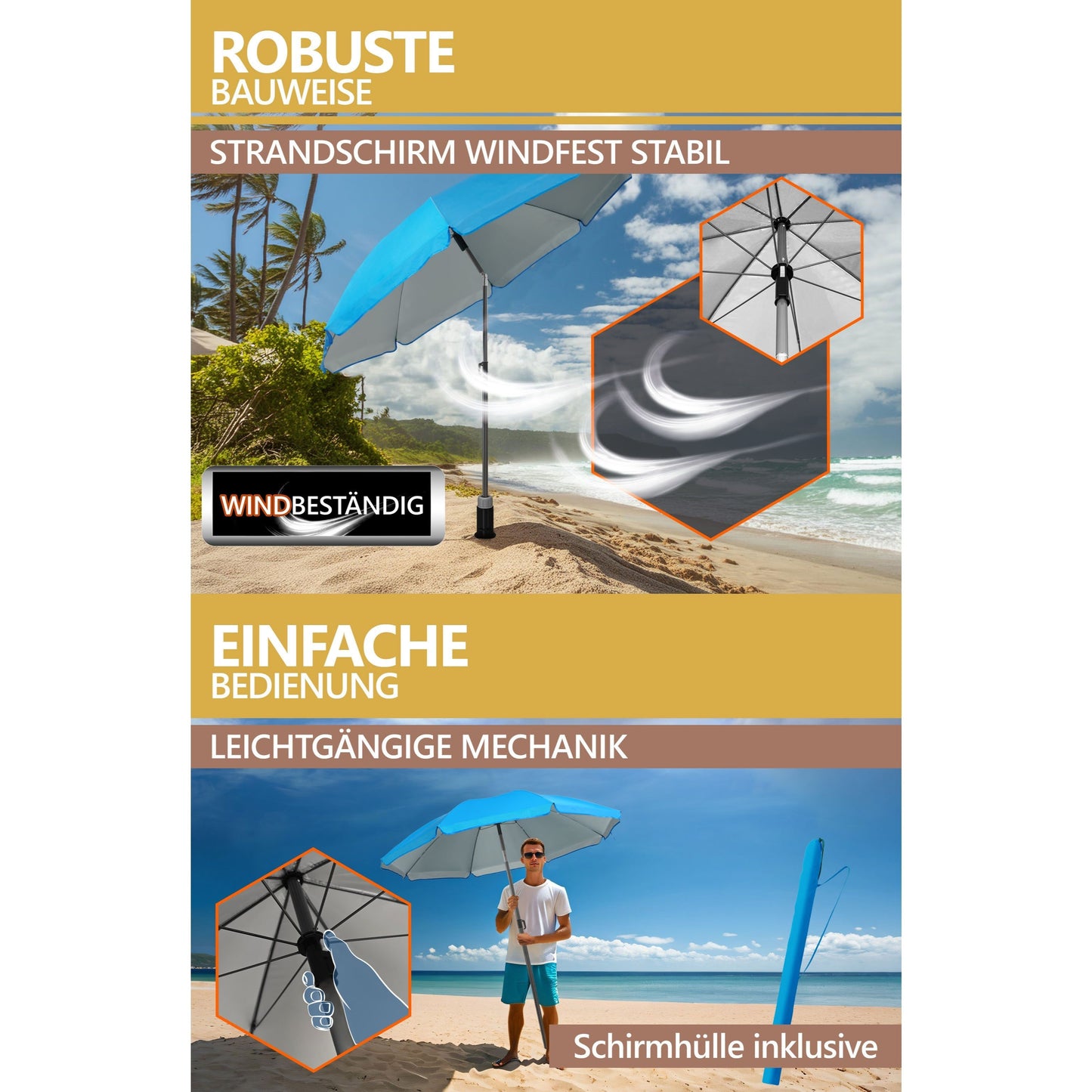Lindenstein Strandschirm-Set - UPF 50+ Sonnenschirm Ø 180 cm windfest stabil inkl. Schutzhülle - Sicherer Sonnenschutz für Strand & Garten - Farben: Anthrazit/Beige/Blau/Türkis/Grün/Taupe/Blau-Weiß