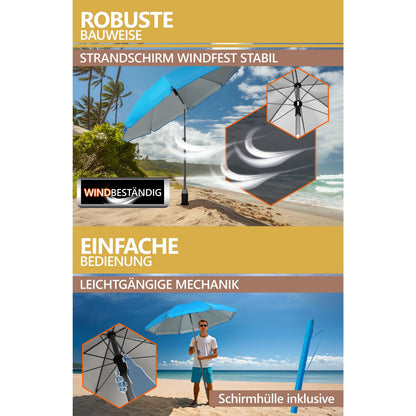 Lindenstein Strandschirm-Set - UPF 50+ Sonnenschirm Ø 180 cm windfest stabil inkl. Schutzhülle - Sicherer Sonnenschutz für Strand & Garten - Farben: Anthrazit/Beige/Blau/Türkis/Grün/Taupe/Blau-Weiß