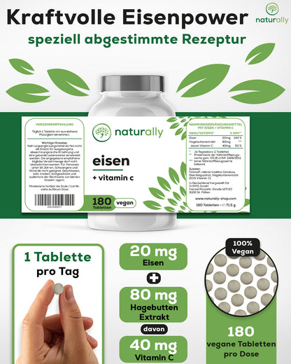 Eisentabletten mit Vitamin C [180 Stück] – 20mg Eisen aus Eisenbisglycinat, 40mg Vitamin C aus Hagebutte – vegan von naturally