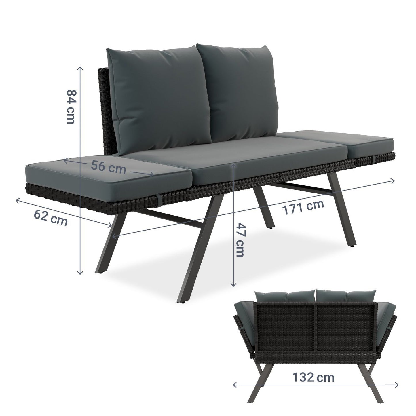 Multifunktionsbank Calvia Schwarz/Grau/Creme - klappbare Sonnenliege mit wetterfestem Polyrattan, Gartenbank mit 240 kg Belastbarkeit