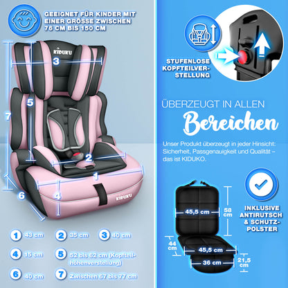 KIDUKU® Kindersitz Auto 9-36 kg (1-12 Jahre) mit Kindersitzunterlage - Autositz ECE R129/03, Gruppe 1/2/3 Autokindersitz 3-Punkt-Sicherheitsgurt Kinderautositz einstellbare Kopfstütze