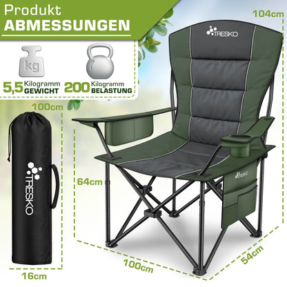 TRESKO® Campingstuhl Faltbar bis 200kg | Faltstuhl mit Kühltasche, Getränkehalter & Seitentasche | Klappstuhl XXL inkl. Tragetasche | Angelstuhl gepolstert für Outdoor, Angeln, Festival & Garten