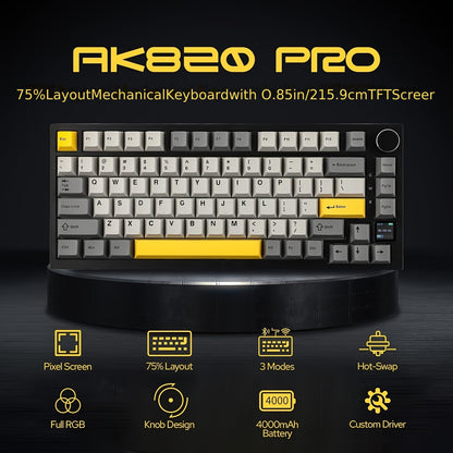 AJAZZ AK820 PRO 75% Konfiguration – Drei-Modus Wireless Mechanische Tastatur – PBT-Tastenkappen – Vollständig Hot-Swappable Gasket-Struktur – RGB-Beleuchtung – Computer-Spiel-/Büro-Tastatur – Metall-Lautstärkeregler + DIY-Farbdisplay, Mini Wireless-Tastat