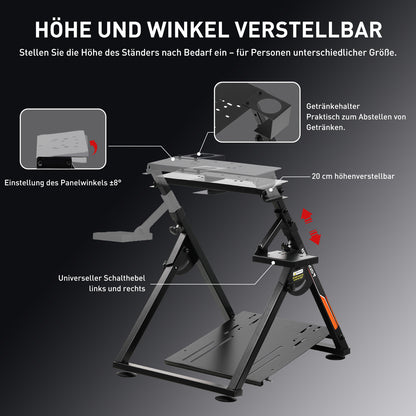Lenkradständer für Lenkrad Gaming Wheel Stand Racing Lenkradständer mit V1 V2 Schalthebelhalterung, integriertem Getränkehalter, neigungsverstellbarem Gestell