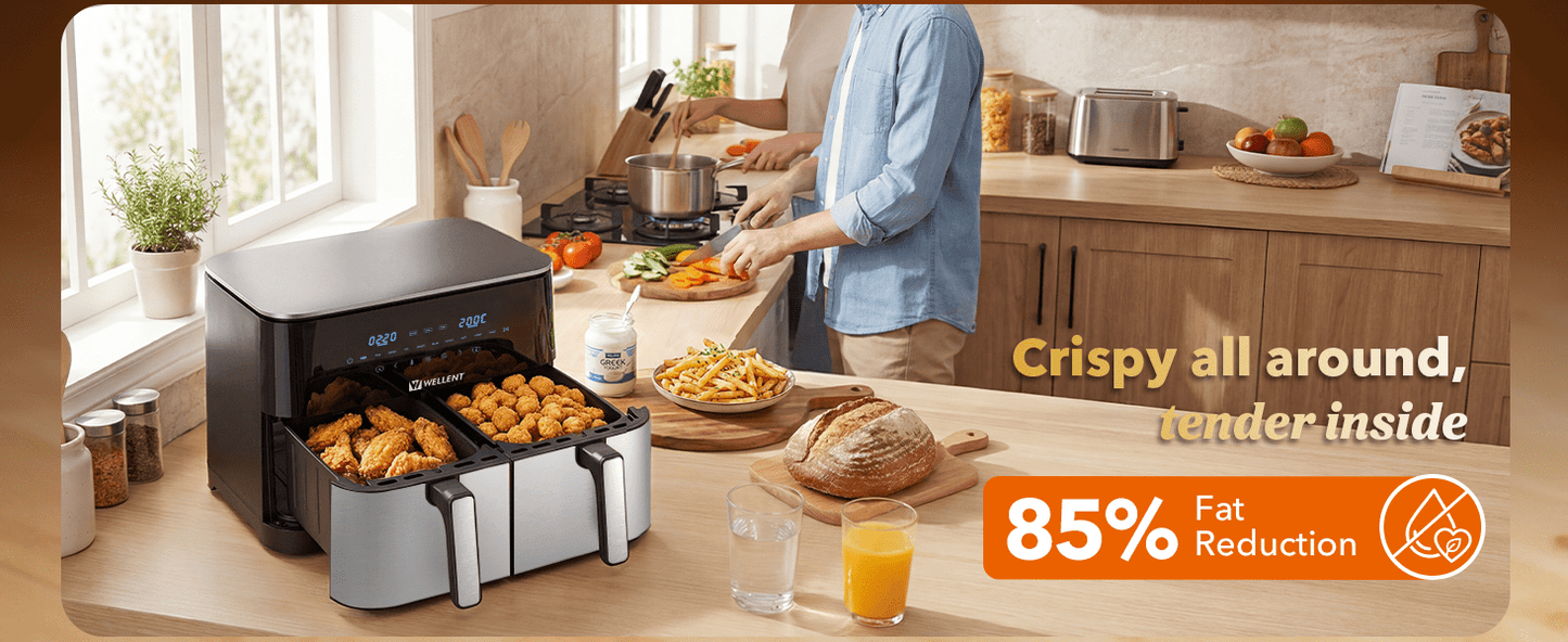 WELLENT Dual Easy Fry Heißluftfritteuse 11 L (7L+4L) - Airfryer mit 2 Kammern, Schublade, 10 Programmen, 2600 W, Extra Crisp Technologie, Spülmaschinenfest